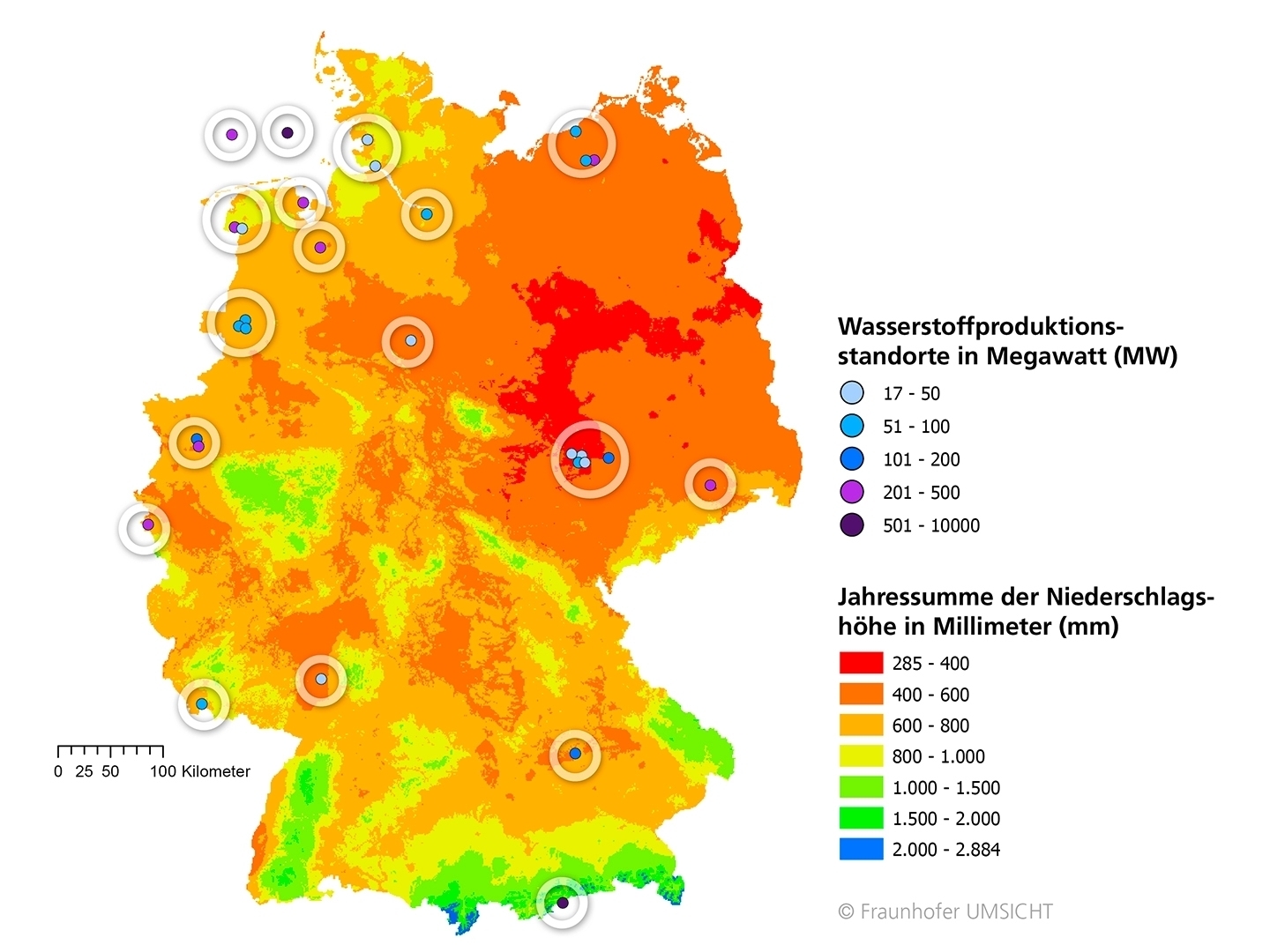 Wasserstoffproduktionsstandorte in Deutschland und Niederschlagsmenge