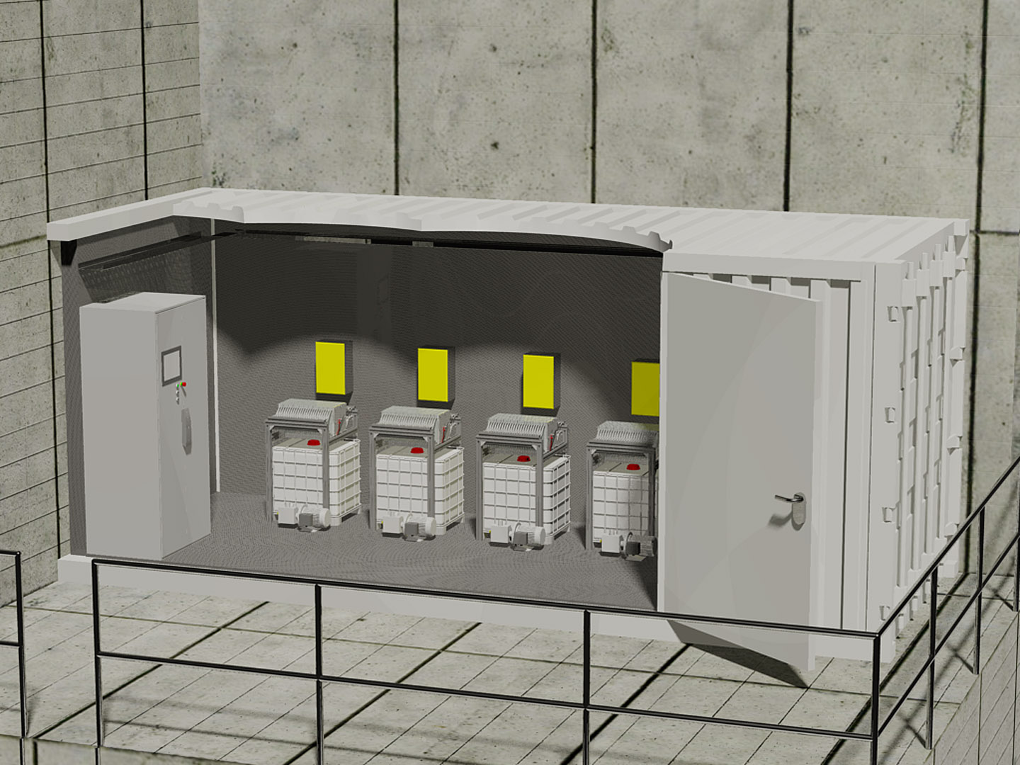 Konzeptstudie zum geplanten Redox-Flow-Batteriespeicher. Aufstellung in Containerbauweise in der Fertigungshalle des Projektpartners Technoboxx GmbH & Co. KG in Bottrop.