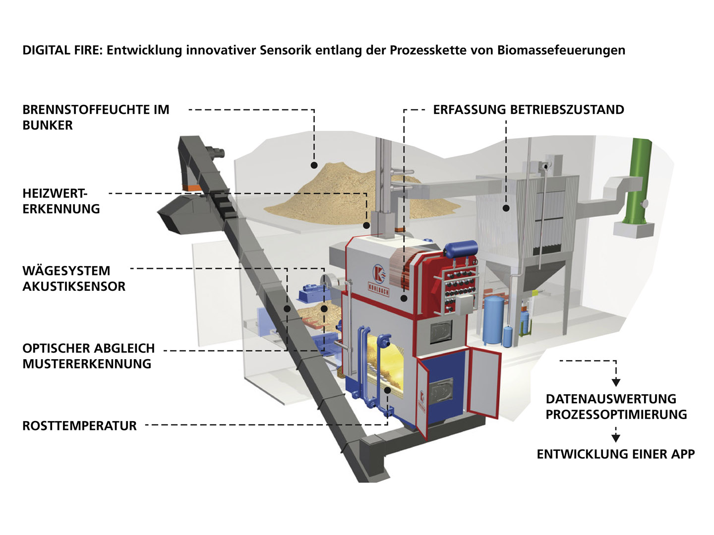 DigitalFire: Entwicklung innovativer Sensorik entlang der Prozesskette von Biomassefeuerungen. 