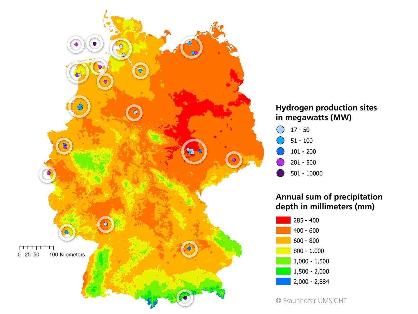 Hydrogen production sites in Germany and precipitation totals